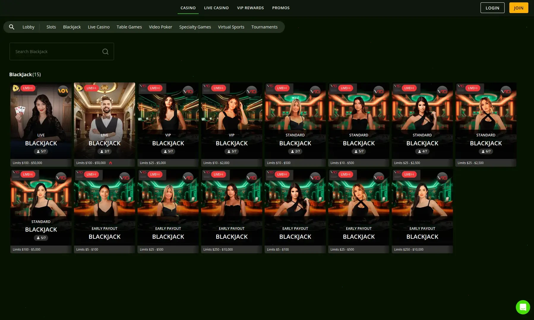 Intense Casino Login-Bereich mit Spielübersicht und Bonusanzeige